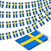A Swedish Pennant Flag Banner with 30 flags (33 long) hangs in rows, with a larger Swedish flag displayed flat beneath them.