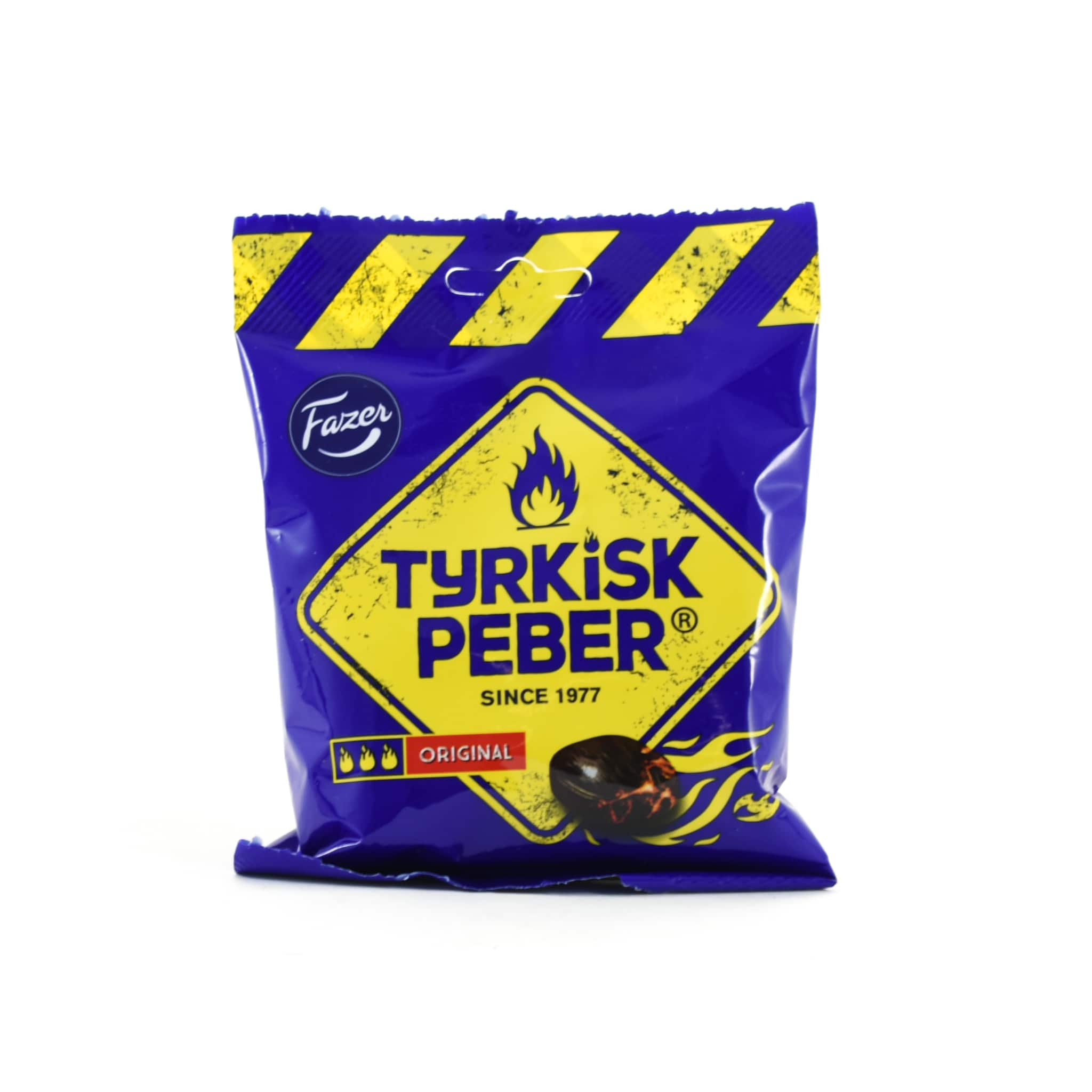 Blue package of Candy: Fazer Tyrkisk Peber 120g, featuring a yellow warning sign with a flame icon and the text "Original" and "Since 1977," showcasing classic Finnish licorice.