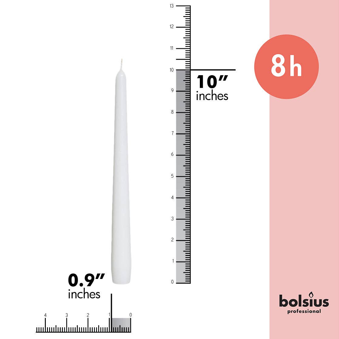 Introducing the White Tall 10" Taper Candle from a convenient 4-pack, crafted from high-quality paraffin wax and designed to be unscented and dripless. Each candle boasts a height of 10 inches with a diameter of 0.9 inches, providing an impressive burn time of up to 8 hours. For size reference, see the included ruler scale in the image.