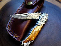 Knife: Damascus Steel handmade Pocket Knife with burnt bone handles