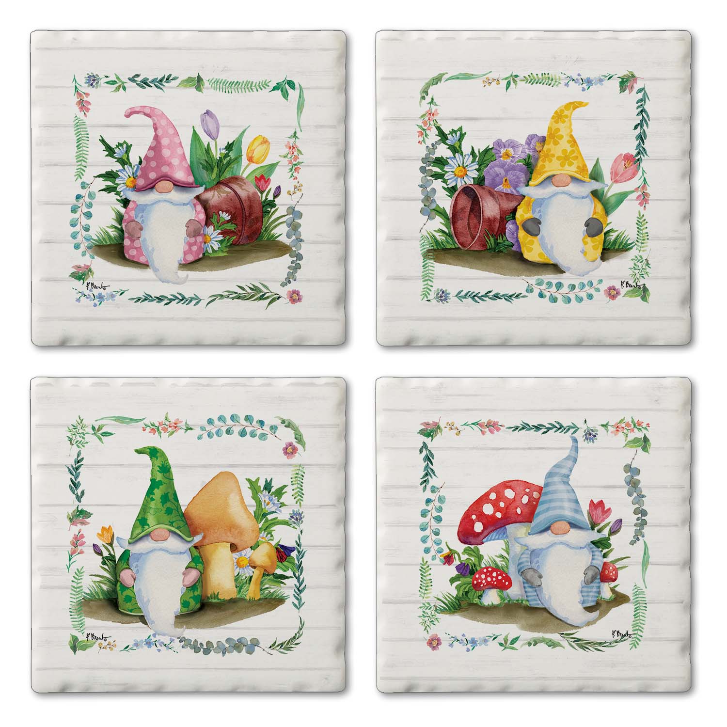 This pack of four Coaster: Spring Gnomes Tumbled Tile Coasters, each with a cork back, features charming gnomes in colorful hats surrounded by whimsical flowers and mushrooms, adding a rustic and functional touch to your space.