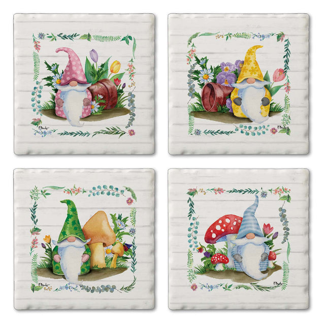 The Coaster: Spring Gnomes Tumbled Tile Coaster Set – 4 Pack features absorbent stone coasters with gnomes in colorful hats among flowers, mushrooms, and greenery on white, adding rustic charm to any space.
