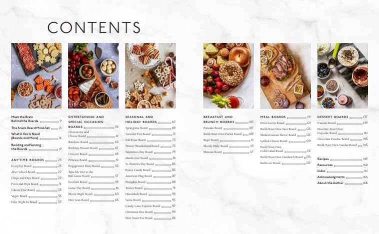 The table of contents includes images from "Beautiful Boards: 50 Amazing Snack Boards for Any Occasion" by Maegan Brown, highlighting sections dedicated to appetizer boards, special occasions, seasonal themes, brunch, meals, and delightful snack boards.