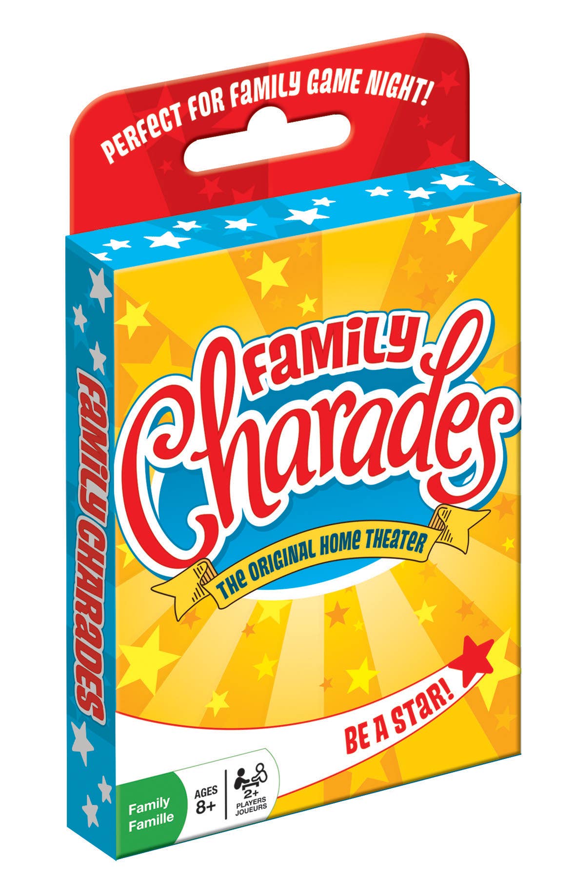 The Playing Cards: Family Charades Card Game is packaged in a compact, travel-sized box featuring a cheerful yellow background with stars, making it perfect for ages 8 and up. It's the ideal companion for family game nights on the go.