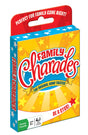 The Playing Cards: Family Charades Card Game is packaged in a compact, travel-sized box featuring a cheerful yellow background with stars, making it perfect for ages 8 and up. It's the ideal companion for family game nights on the go.