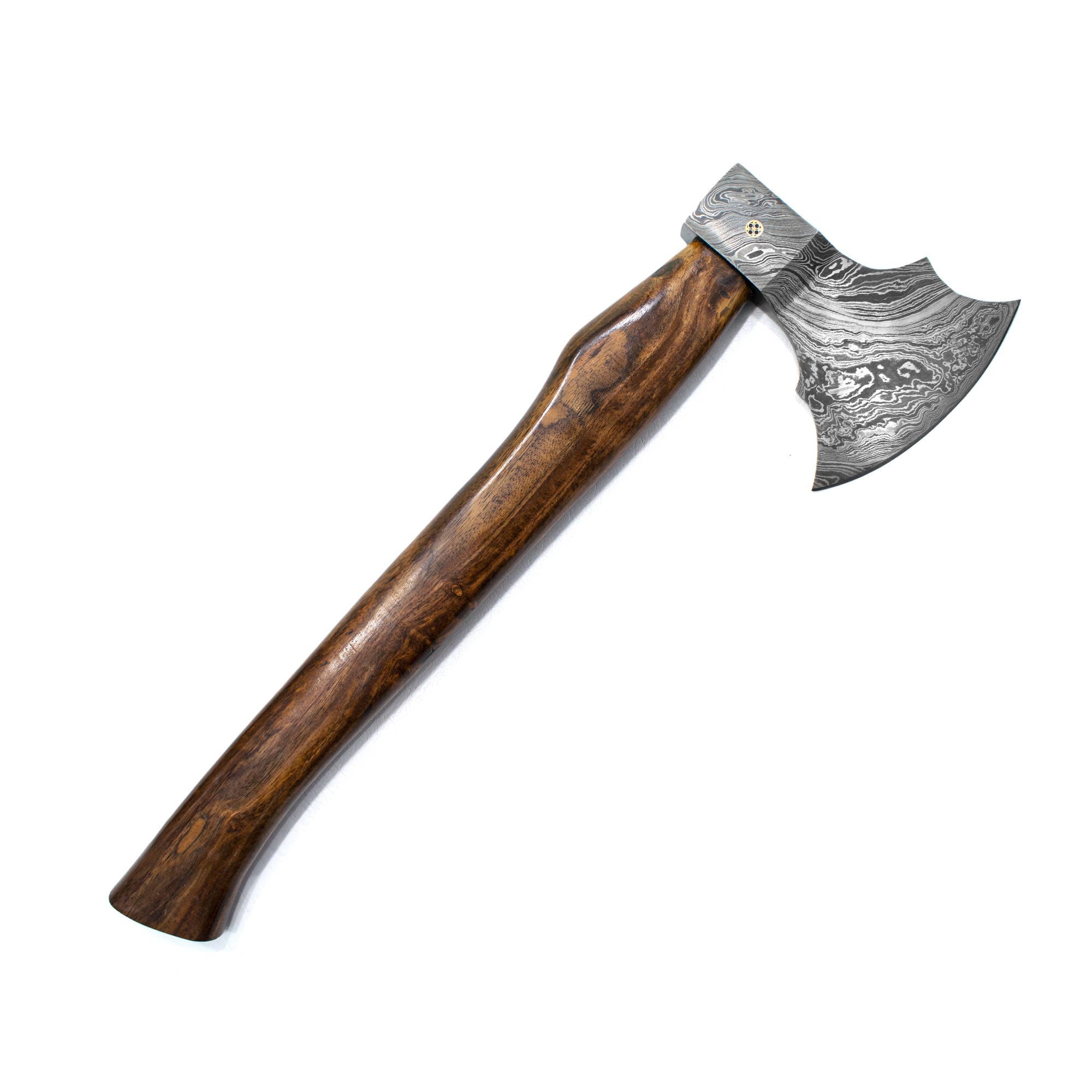 The Axe: Damascus Steel All Around Camping Knife features a polished wooden handle and a curved, patterned high-carbon steel blade.