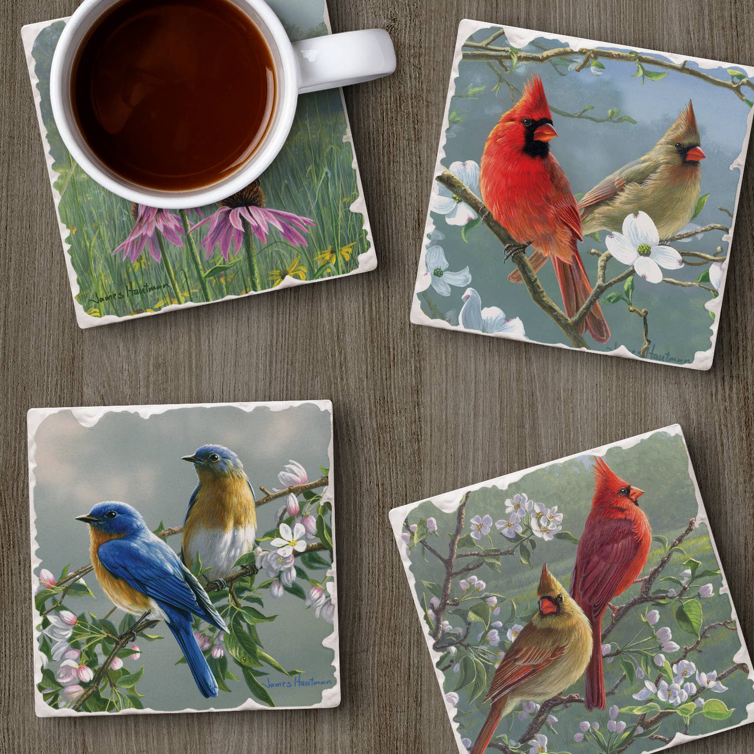 A cup of coffee rests on the top left coaster from the Beautiful Songbirds Assorted Image Tumbled Tile Coaster 4 Pack, featuring cardinals and bluebirds, placed on a wooden surface.