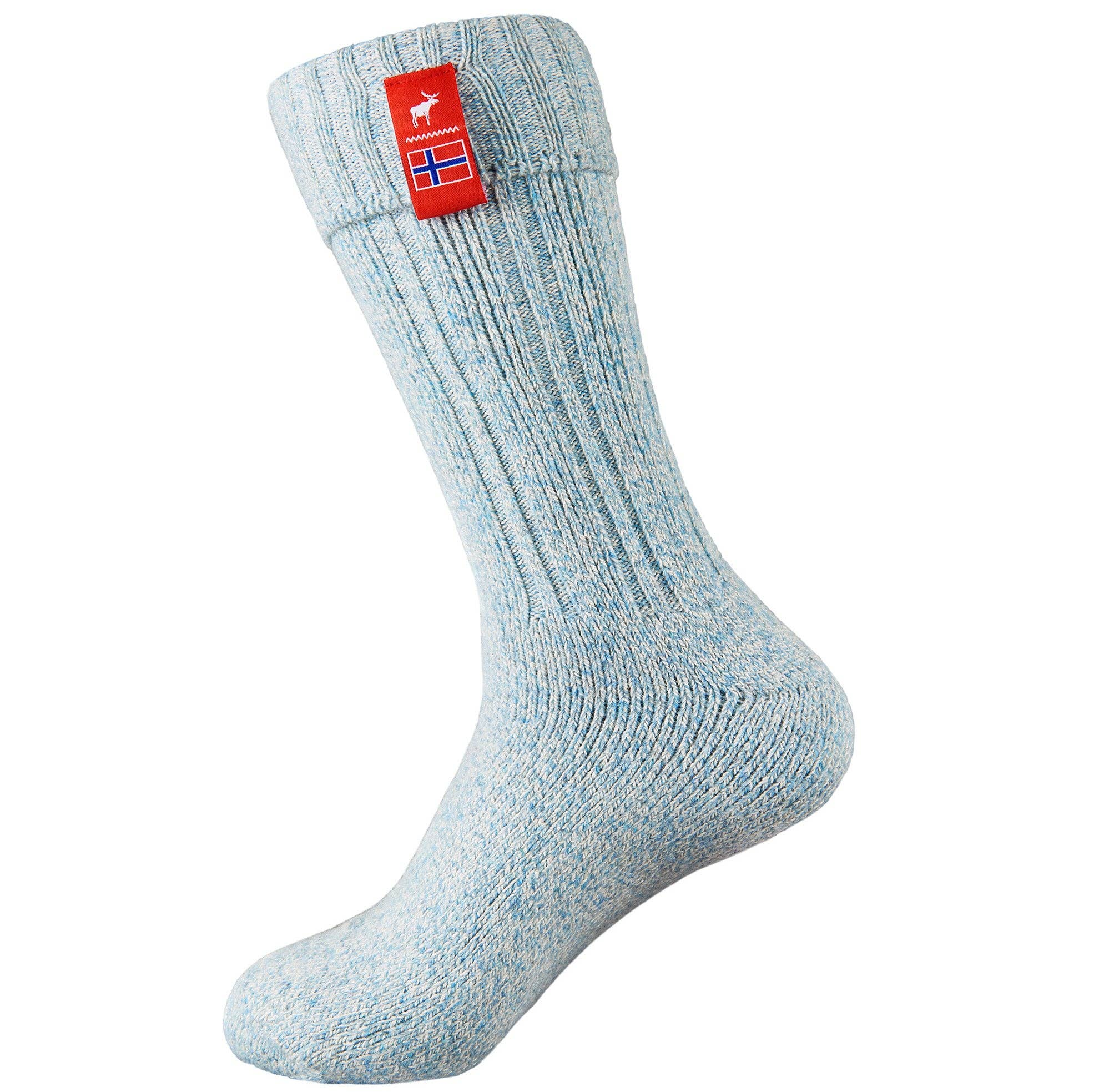The Nordic Sock Company Norwegian Fjord Socks in light blue feature a ribbed knit, folded cuff, and a red tag with a white reindeer and Icelandic flag—ideal cozy wellie socks for chilly days.