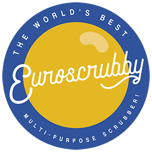 The blue circular logo with a yellow center proudly showcases "Euroscrubby" and "The World's Best Multi-Purpose Scrubber!"—a must-have eco-friendly cleaning tool called the Scrub Cloth: Euroscrubby Multi-Purpose Scrubber.