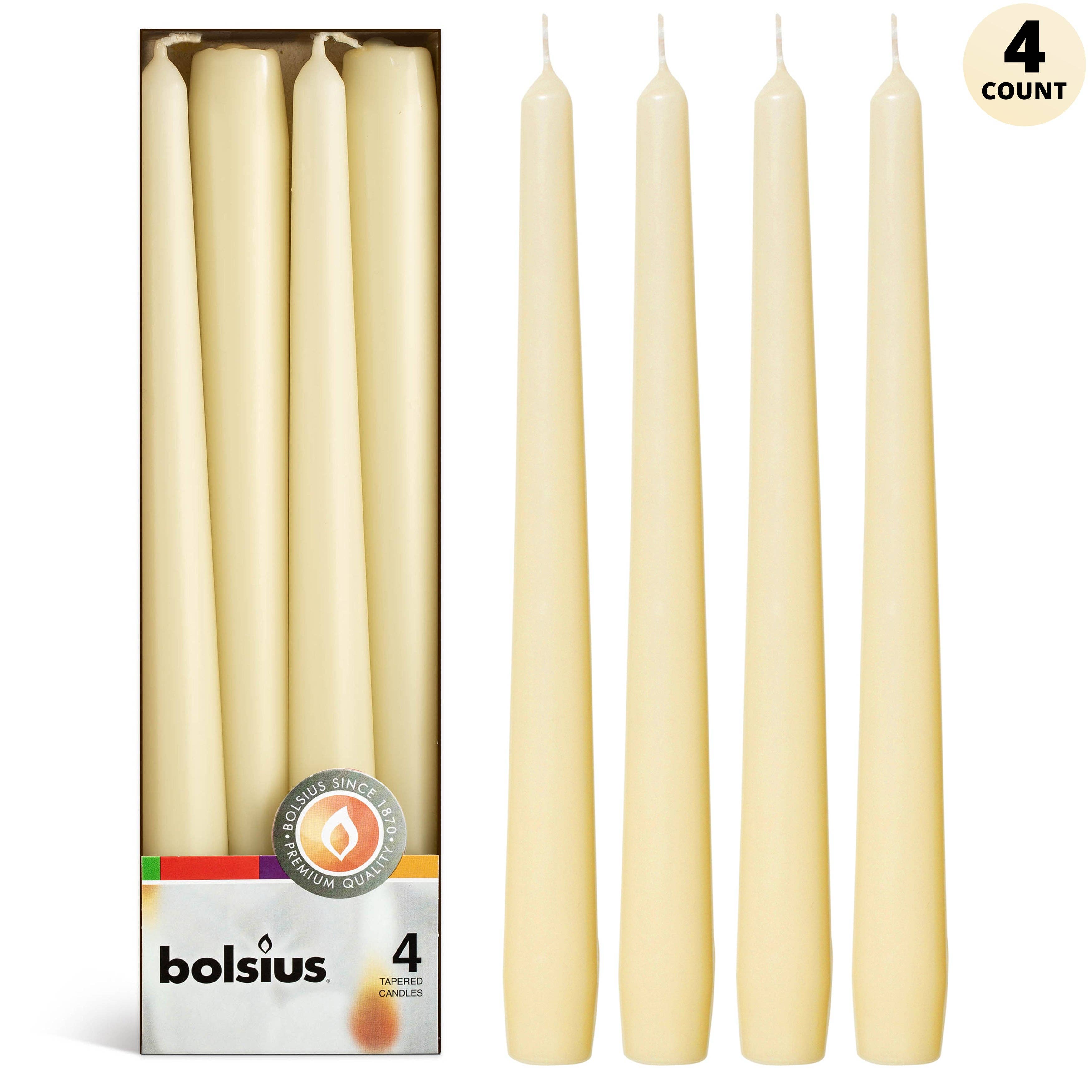 The Candles: White Tall 10" Taper 4 Pack (Unscented) features four premium paraffin wax taper candles that provide a dripless and unscented experience, both inside and outside the Bolsius packaging.