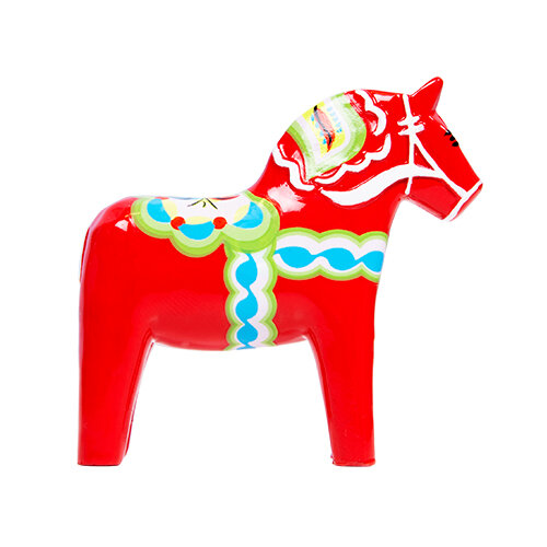 The Figurine: Dala Horse Ceramic, a cherished Swedish souvenir, features colorful green, blue, yellow, and white patterns on a red background. Its Kurbits design highlights traditional artistry and charm.