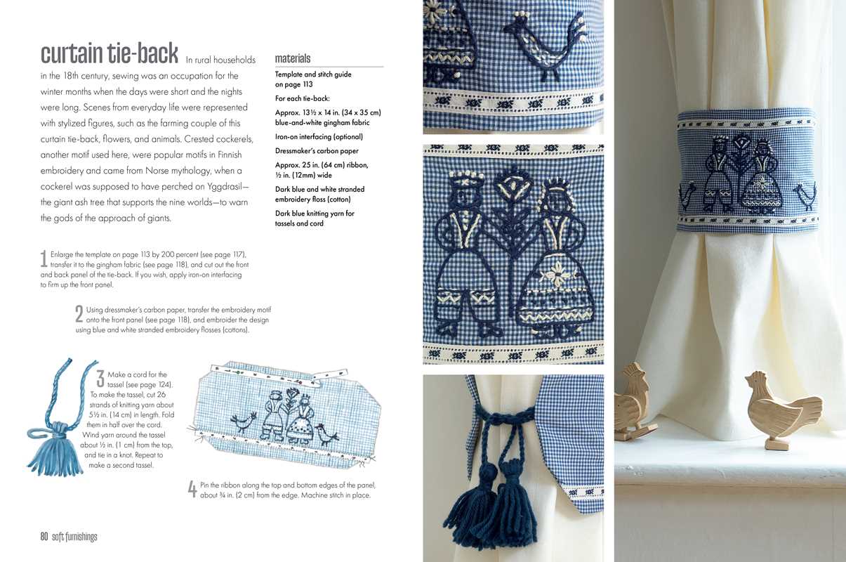 A page from Scandi Needlecraft: 35 Step-by-step Projects to Make by Clare Youngs shows instructions, materials, and images for a blue cross-stitch curtain tie-back with tassels, highlighting embroidery techniques and the finished project.