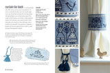 A page from Scandi Needlecraft: 35 Step-by-step Projects to Make by Clare Youngs shows instructions, materials, and images for a blue cross-stitch curtain tie-back with tassels, highlighting embroidery techniques and the finished project.