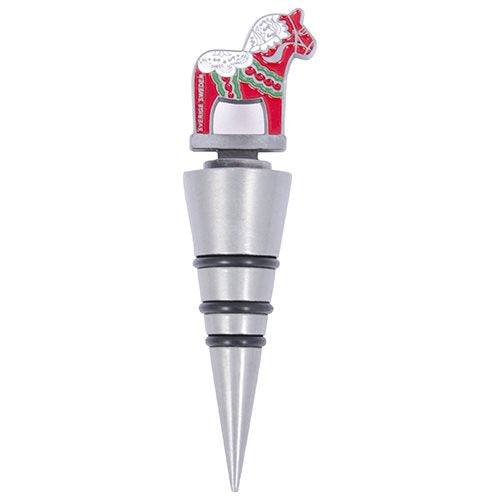 This silver wine stopper, named the "Wine Stopper: Wine Cork Dala Horse Sweden," showcases a vivid red Dalahäst on top and includes black rubber rings to ensure bottles are sealed securely.
