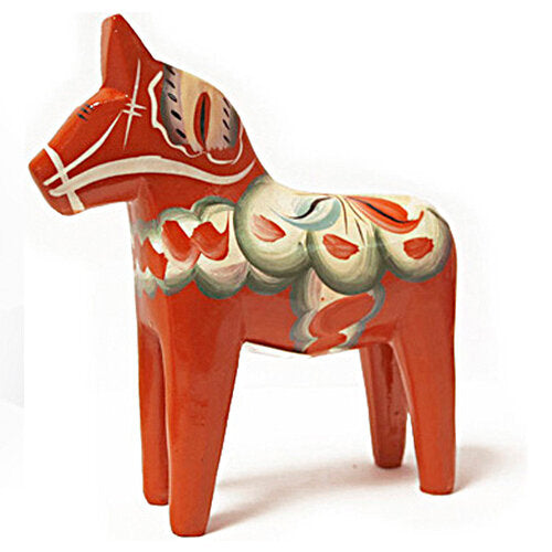 The red ceramic Dala horse figurine, standing 5 inches tall, with vibrant painted patterns makes for a charming Swedish souvenir.