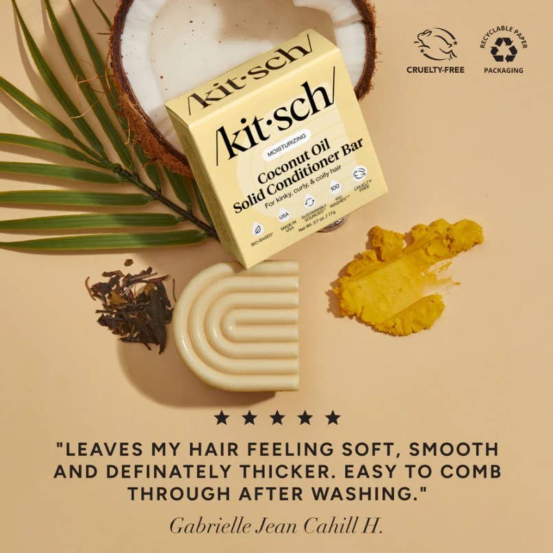 KITSCH Coconut Oil Hair Conditioner Bar for Dry Damaged Hair 2.7oz features a starfish-shaped solid bar formulated with coconut, turmeric, and seaweed. Perfect for curly hair, this moisturizing conditioner leaves hair feeling soft and thicker according to customer reviews. The product comes in a box displaying cruelty-free and recyclable packaging logos.