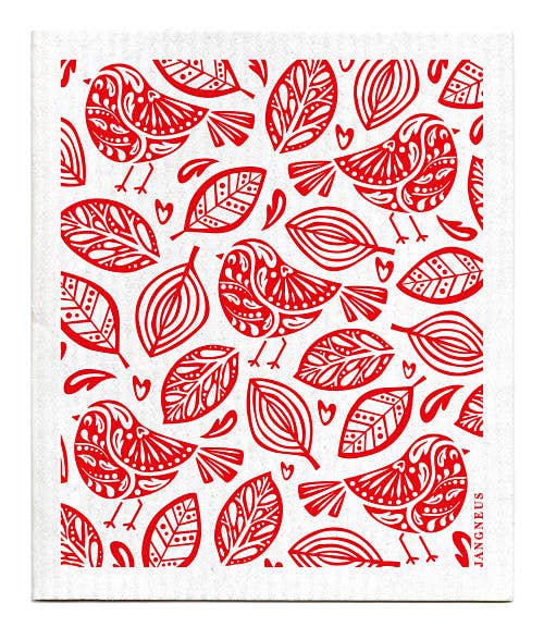 The Scandinavian style is beautifully captured in the "Dish Cloth: Robins - Red," featuring a red bird and leaf pattern on a white background, artfully crafted from all-natural materials.