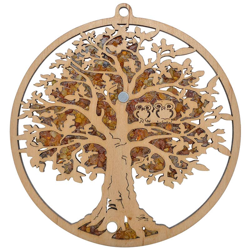 The Ornament: Tree of Life with Two Owls Amber Suncatcher features two owls and embedded genuine Baltic amber stones, surrounded by a circular frame.