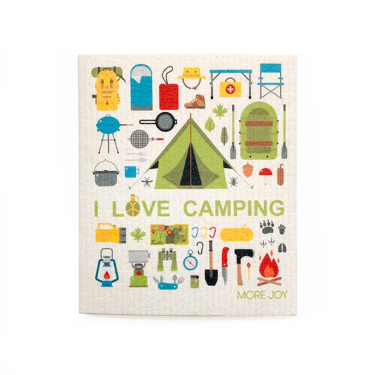 Colorful illustration of camping gear around a green tent, showcasing the Dish Cloth: I Love Camping, with I LOVE CAMPING and MORE JOY text at the bottom.