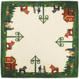 The Swedish Passport Co Table Runner: Swedish Midsommar (47.25"x15.7") features a cream background, green border, red houses, Dala horses, maypoles at each corner, and people in traditional Scandinavian dress; center is plain.