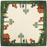 The Swedish Passport Co Table Runner: Swedish Midsommar (47.25"x15.7") features a cream background, green border, red houses, Dala horses, maypoles at each corner, and people in traditional Scandinavian dress; center is plain.