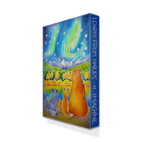 Drawn to the Lights Metal Box Art (18" x 26" x 3") features Scandinavian woodland animals watching the northern lights over mountains—a charming aluminum wall decor piece for any collection.