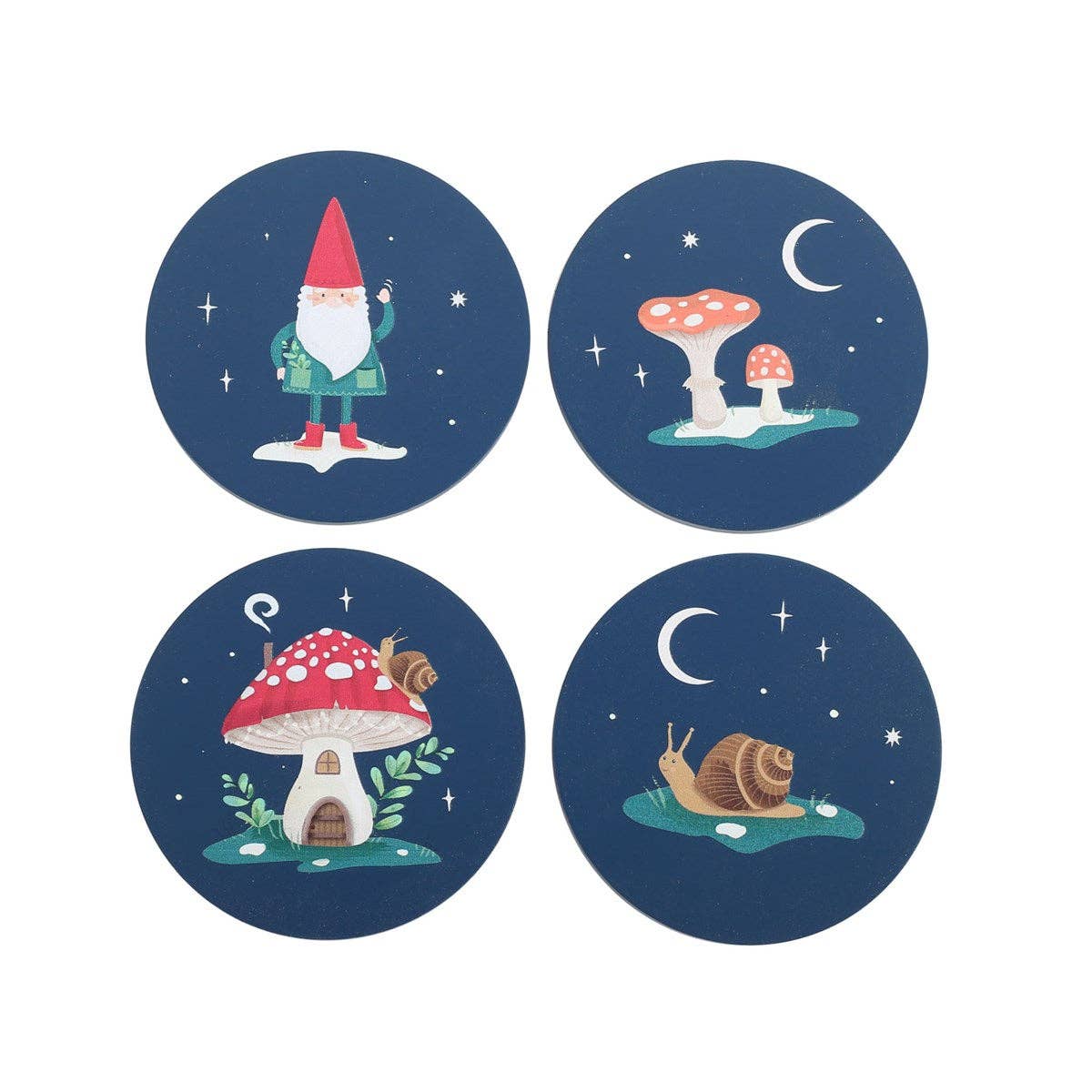 Explore the allure of our Gnome Sweet Gnome coaster set, featuring captivating winter forest scenes: a cheerful gnome, whimsical mushrooms, a cozy mushroom house with a snail, and a snail under the moonlit sky on a rich navy background.