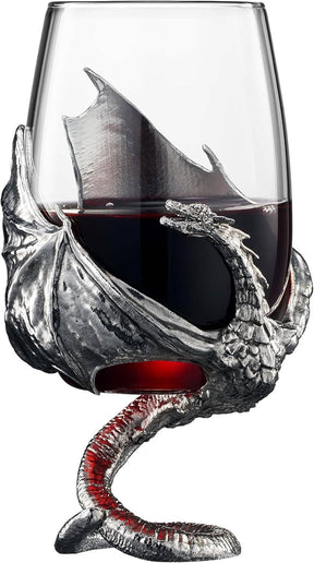 The Wine Glass: Medieval Dragon Viking Goblet Mug (9oz) features a fantasy-inspired metal dragon wrapped around the glass, forming its stem—a bold piece of drinkware for any Medieval Dragon Goblet collection.