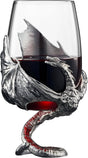 The Wine Glass: Medieval Dragon Viking Goblet Mug (9oz) features a fantasy-inspired metal dragon wrapped around the glass, forming its stem—a bold piece of drinkware for any Medieval Dragon Goblet collection.