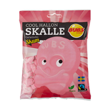 The BUBS Sour Raspberry Skulls (90g) pack showcases pink, skull-shaped raspberry candies that are vegan and gelatin-free. These treats, highlighted by the Swedish and Fairtrade certified logos, provide a delightful snacking option that prioritizes quality and ethical standards.