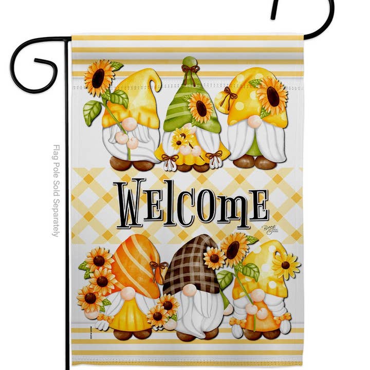 Welcome guests with the Spring Gnomes Garden Floral Gnome Decor Flag—weather-resistant and featuring seven gnomes in sunflower hats above Welcome on a yellow plaid background, perfect for cheerful, floral garden décor.