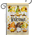Welcome guests with the Spring Gnomes Garden Floral Gnome Decor Flag—weather-resistant and featuring seven gnomes in sunflower hats above Welcome on a yellow plaid background, perfect for cheerful, floral garden décor.