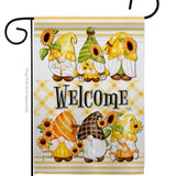 Welcome guests with the Spring Gnomes Garden Floral Gnome Decor Flag—weather-resistant and featuring seven gnomes in sunflower hats above Welcome on a yellow plaid background, perfect for cheerful, floral garden décor.