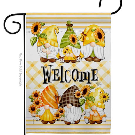 Welcome guests with the Spring Gnomes Garden Floral Gnome Decor Flag—weather-resistant and featuring seven gnomes in sunflower hats above Welcome on a yellow plaid background, perfect for cheerful, floral garden décor.