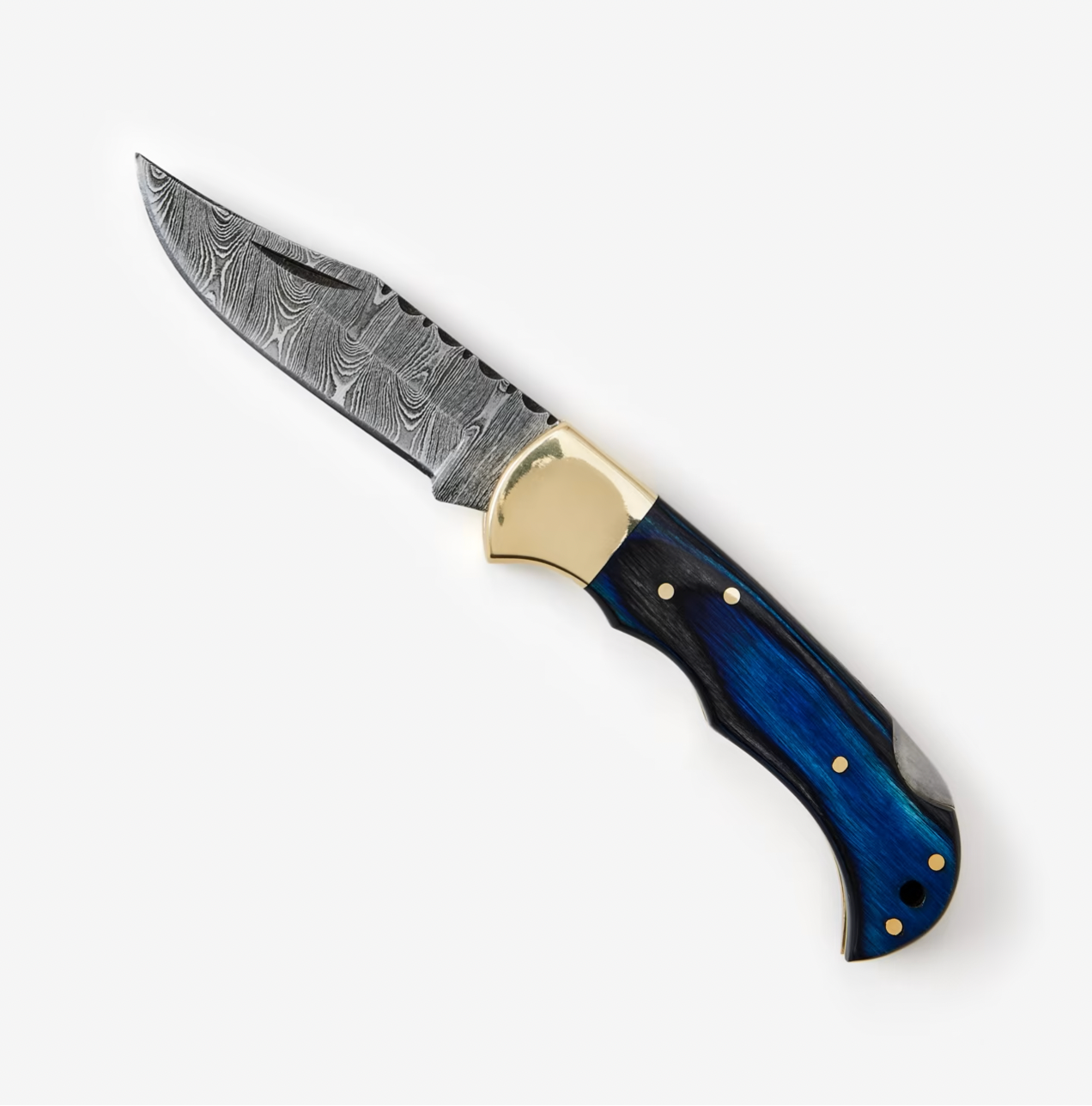 The Knife: Blue Diamond Wood Folding Knife w/ Leather Sheath features a handmade Damascus steel patterned blade, brass bolster, blue and black handle, back lock mechanism, and is shown against a white background.