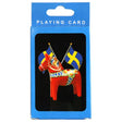 The "Playing Cards: Sweden Dala Horse with Swedish Flags" features a vibrant depiction of a Dala horse standing proudly before two flags, one akin to the Swedish flag, all set against a serene blue backdrop.