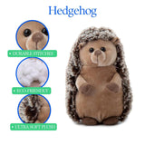 An 8-inch Plush: Hedgehog Wild Onez Stuffed Animal by Faire - The Petting Zoo, featuring soft brown fur and dark eyes, highlighted with close-ups of its durable stitching, eco-friendly stuffing, and ultra-soft plush texture. Ideal for children or collectors, this charming hedgehog adds delight to any kids’ stuffed animal collection. Text above reads “Hedgehog.”.