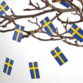 A bare tree branch displays two 6-foot Swedish Flag Garlands, adding a Scandinavian touch with the Ornament: Swedish Flag Garland (2) to a plain background.
