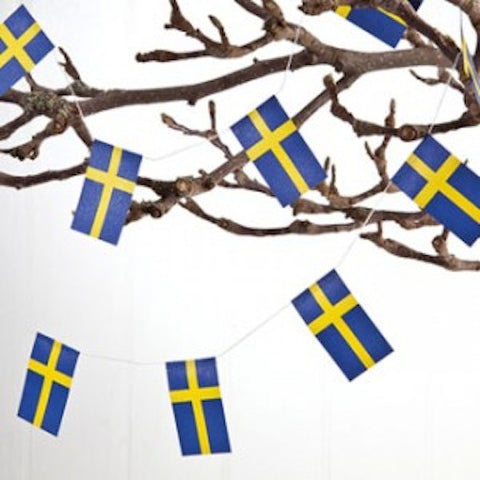 A bare tree branch displays two 6-foot Swedish Flag Garlands, adding a Scandinavian touch with the Ornament: Swedish Flag Garland (2) to a plain background.