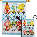 The Flag: Sweet Gnomes Food Fruit Gnome Decor Flag showcases cartoon gnomes with summer fruits and flowers, Welcome text, and a blue plaid background on weather-resistant fabric for cute, durable garden decor.