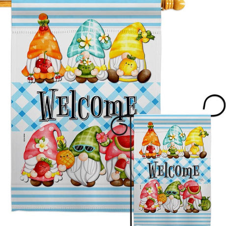 The Flag: Sweet Gnomes Food Fruit Gnome Decor Flag showcases cartoon gnomes with summer fruits and flowers, Welcome text, and a blue plaid background on weather-resistant fabric for cute, durable garden decor.