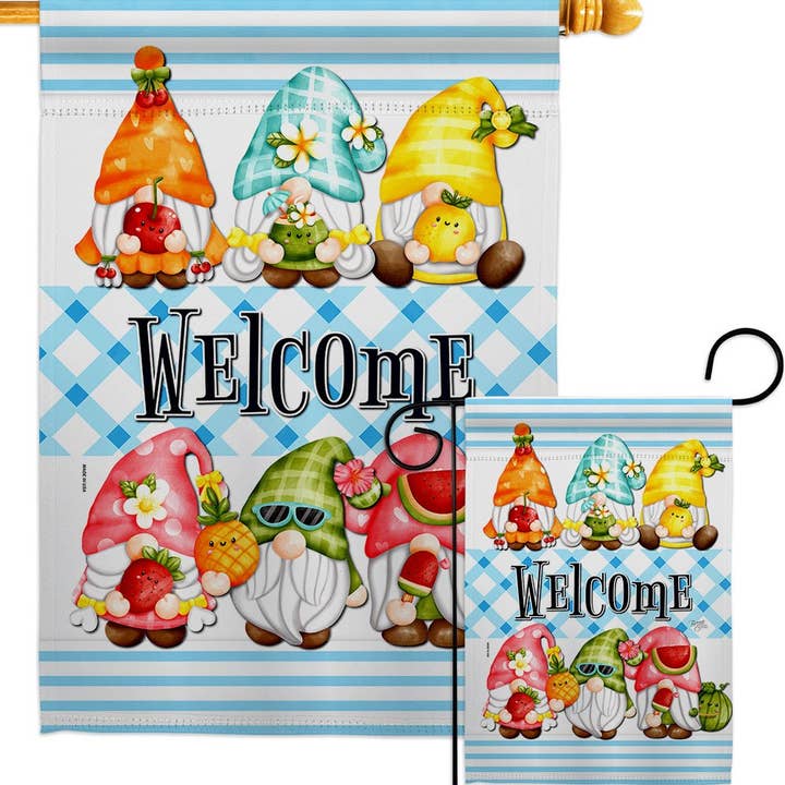 The Flag: Sweet Gnomes Food Fruit Gnome Decor Flag showcases cartoon gnomes with summer fruits and flowers, Welcome text, and a blue plaid background on weather-resistant fabric for cute, durable garden decor.