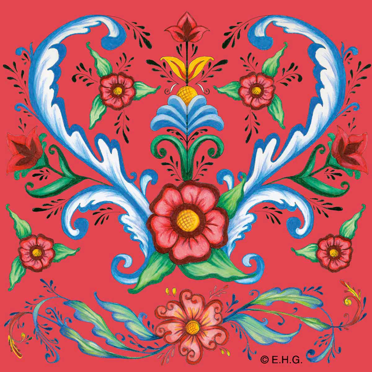 Magnet: Norwegian Rosemaling on a 3 Red Square Tile Magnet features a vibrant folk art design with red, yellow, and blue flowers and ornate green leaves on a bright red background.
