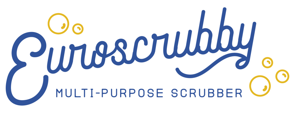 Logo of the eco-friendly Scrub Cloth: Euroscrubby Multi-Purpose Scrubber featuring blue text surrounded by yellow bubbles.