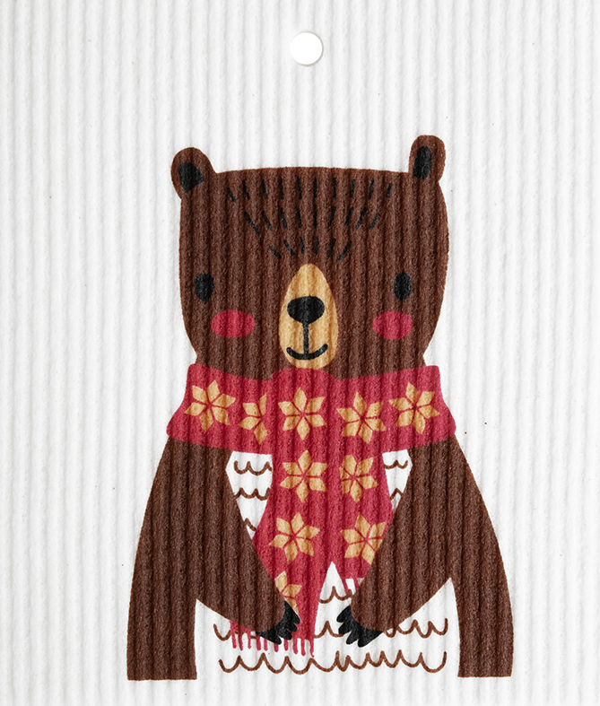 Illustration of a brown bear wearing a Christmas scarf, standing against a textured white background, reminiscent of the Dish Cloth: Brown Bear with Christmas Scarf Swedish Dish Cloth.