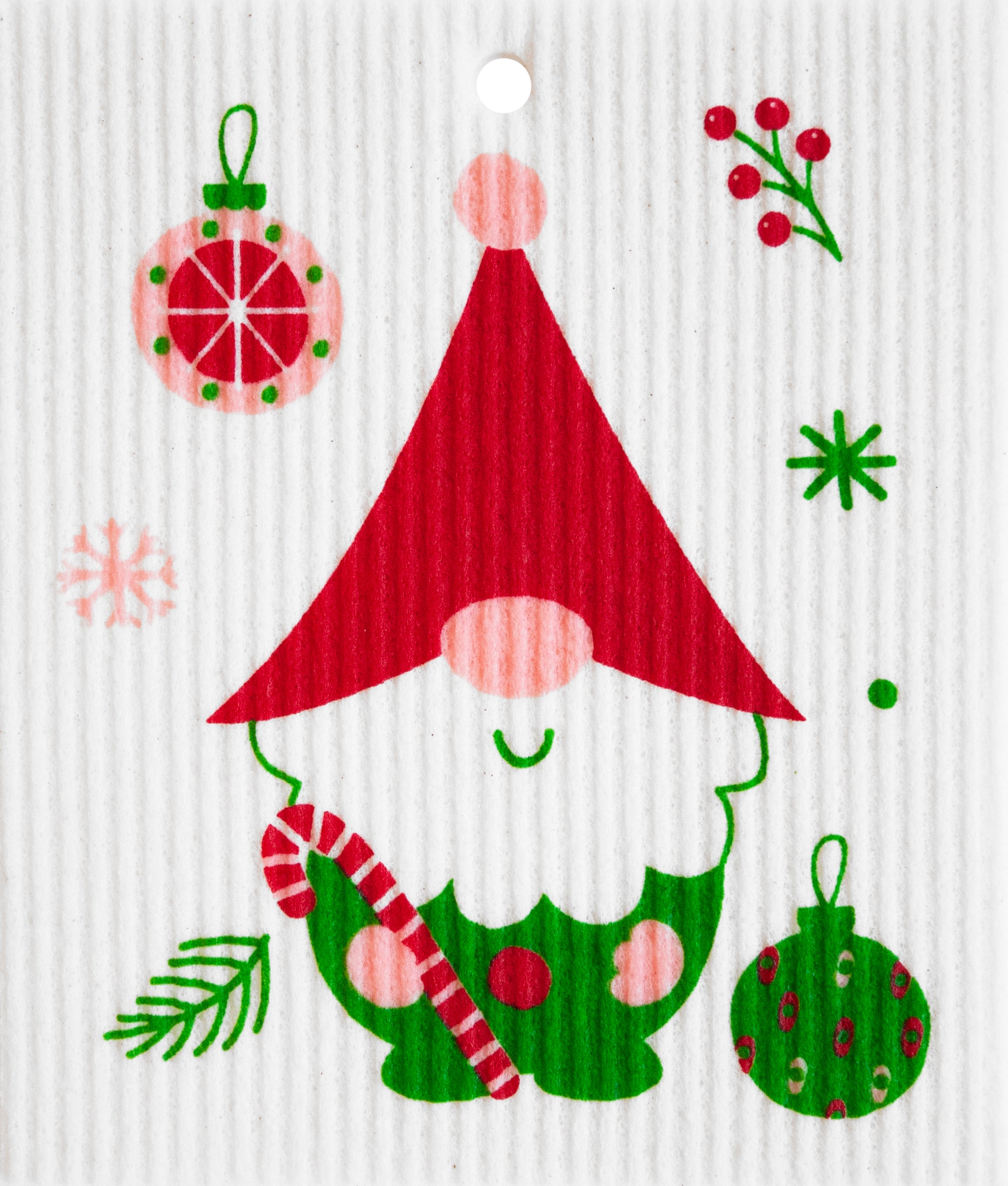 Dish Cloth: Candy Cane Gnome features a cartoon gnome with a red hat and white beard, holding a candy cane, surrounded by ornaments and holly on an eco-friendly, corrugated background reminiscent of Swedish dish cloths.