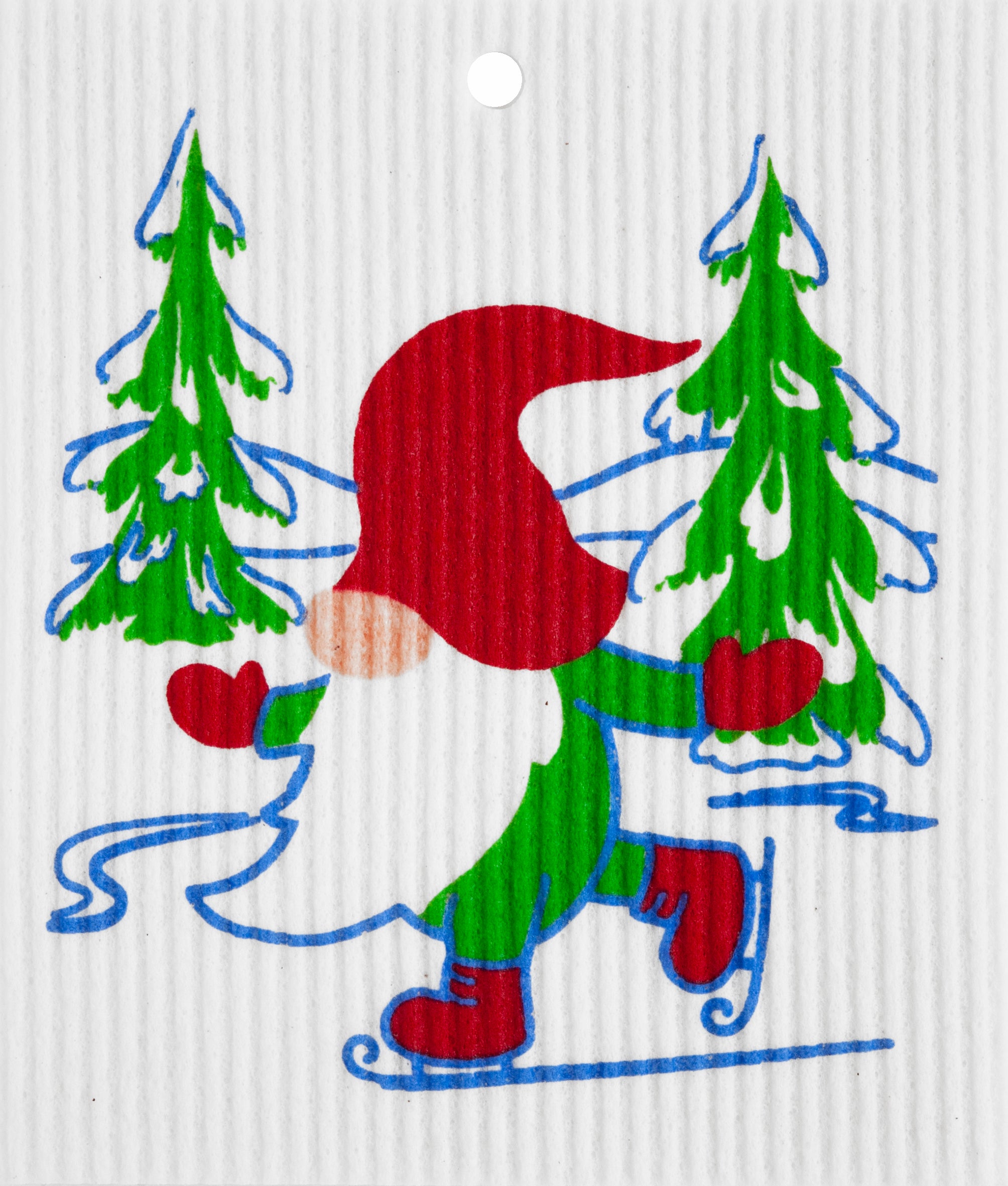 A cartoon gnome with a red hat and mittens skates gracefully on ice amidst green trees and snow, perfectly embodying the super absorbent yet environmentally friendly essence of the "Dish Cloth: Skating Gnome by Harry W. Smith.