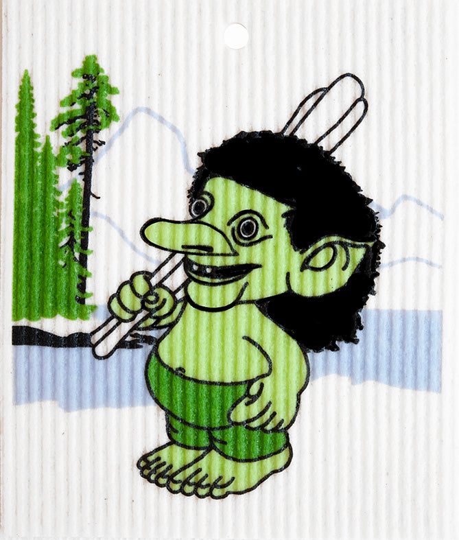 Dish Cloth: Troll by Artist Harry W Smith—features a green-skinned troll with black hair holding a paddle amid trees and water, mountains behind, in Scandinavian Folk Art style. Perfect for a whimsical Swedish-inspired biodegradable kitchen cloth.
