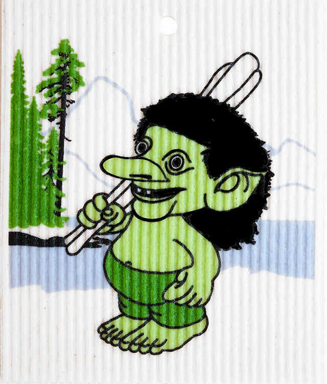 Dish Cloth: Troll by Artist Harry W Smith—features a green-skinned troll with black hair holding a paddle amid trees and water, mountains behind, in Scandinavian Folk Art style. Perfect for a whimsical Swedish-inspired biodegradable kitchen cloth.