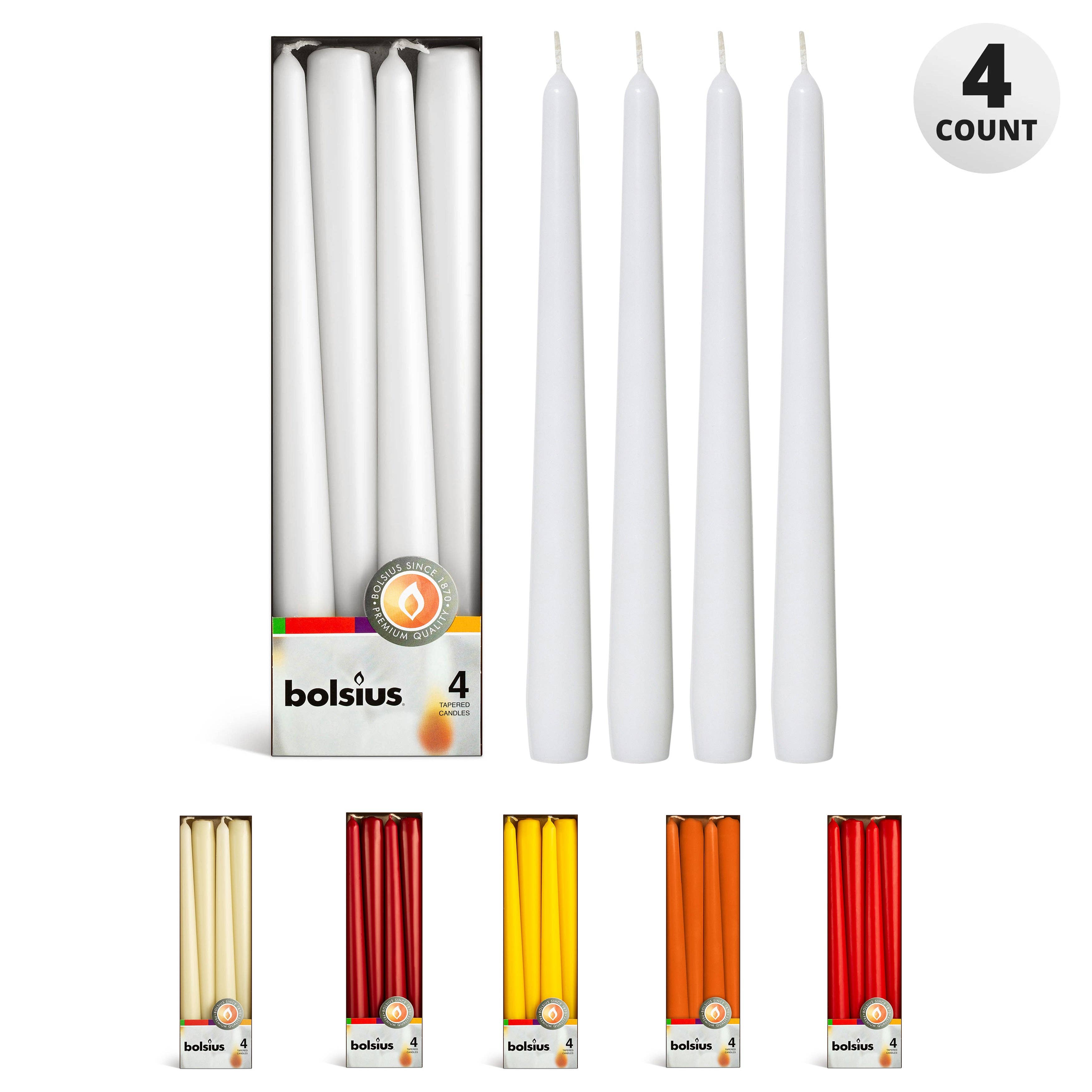 A set of four premium paraffin wax red taper candles, each measuring 10 inches tall, is provided in packaging. Additional packs are available in various colors: white, cream, yellow, orange, and mustard. All unscented packs are from the Bolsius brand.